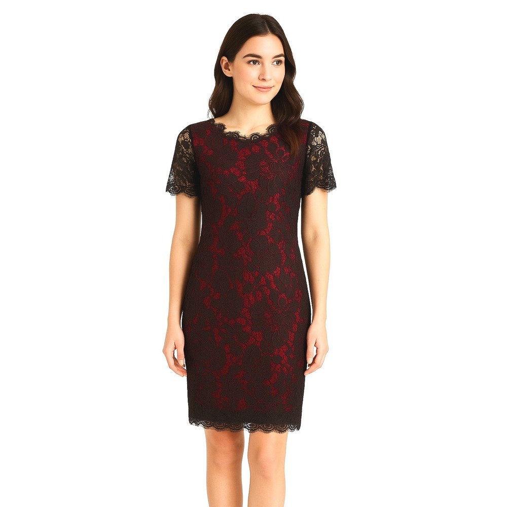 Mabeler Dress S Black Lace Overlay Red‎ Bodycon Short Sleeve Crew Neck Elegant